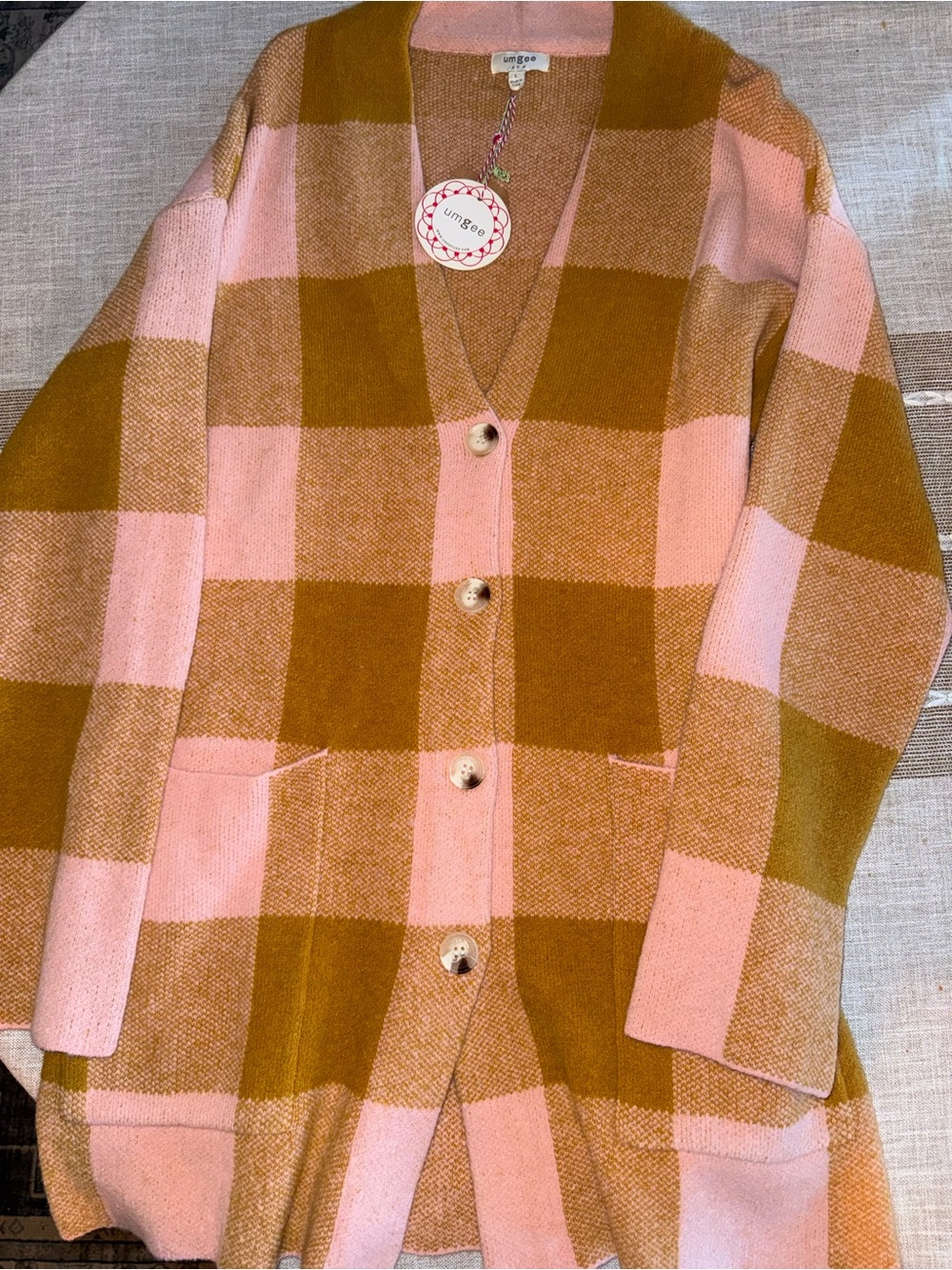 Umgee Pink & Brown Plaid Button Cardigan